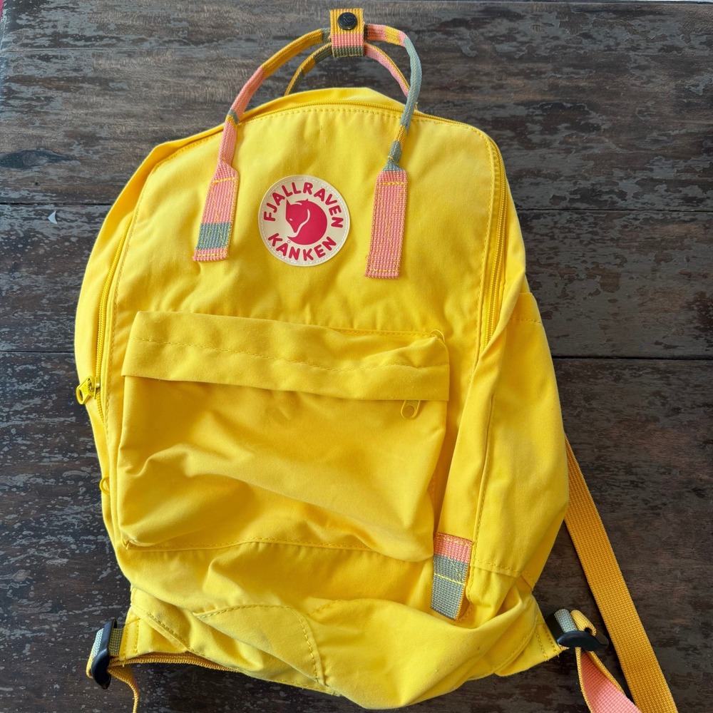 Fjallraven Kanken Yellow Backpack with Multi Color Striped Straps Vinylon F